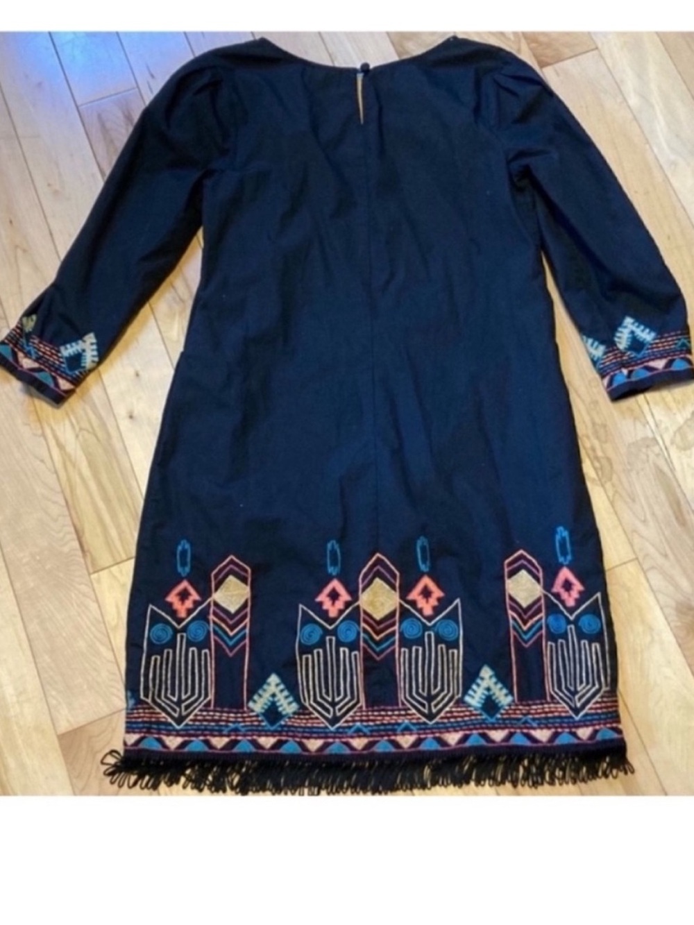 eShakti Black cotton dress colorful embroidery w tassel fringe hem size medium - Picture 8 of 10